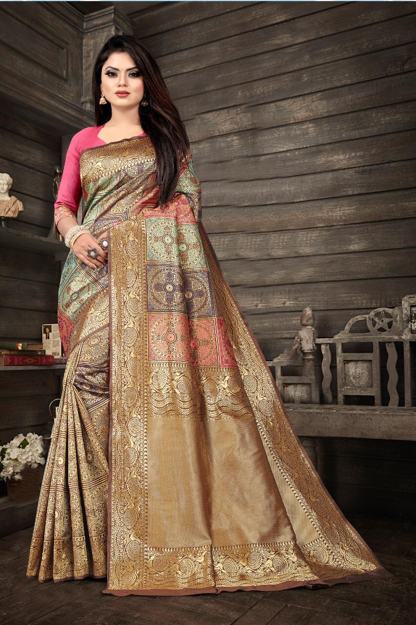 Flamboyant Beige Soft Banarasi Silk Saree With Fancifull Blouse Piece - Image 3