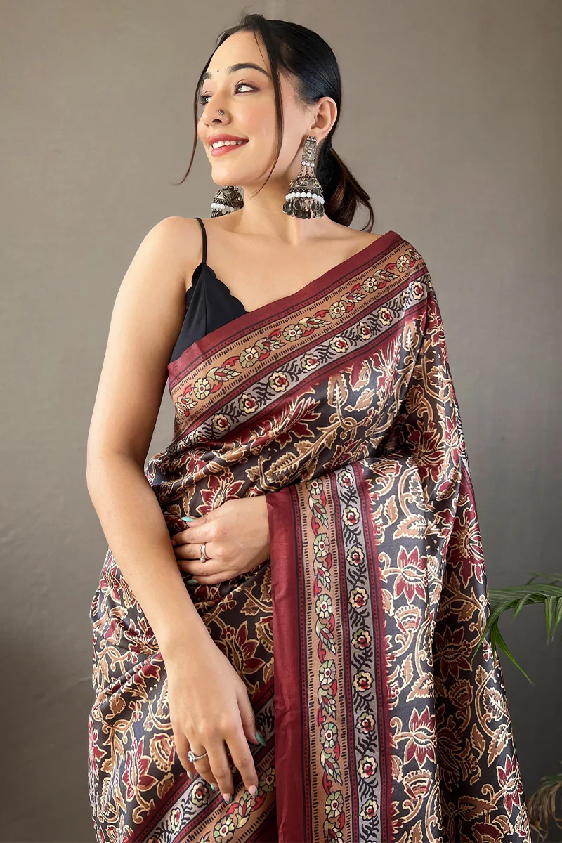 Flamboyant Black Digital Printed Soft Silk Saree With Fairytale Blouse Piece - Image 2