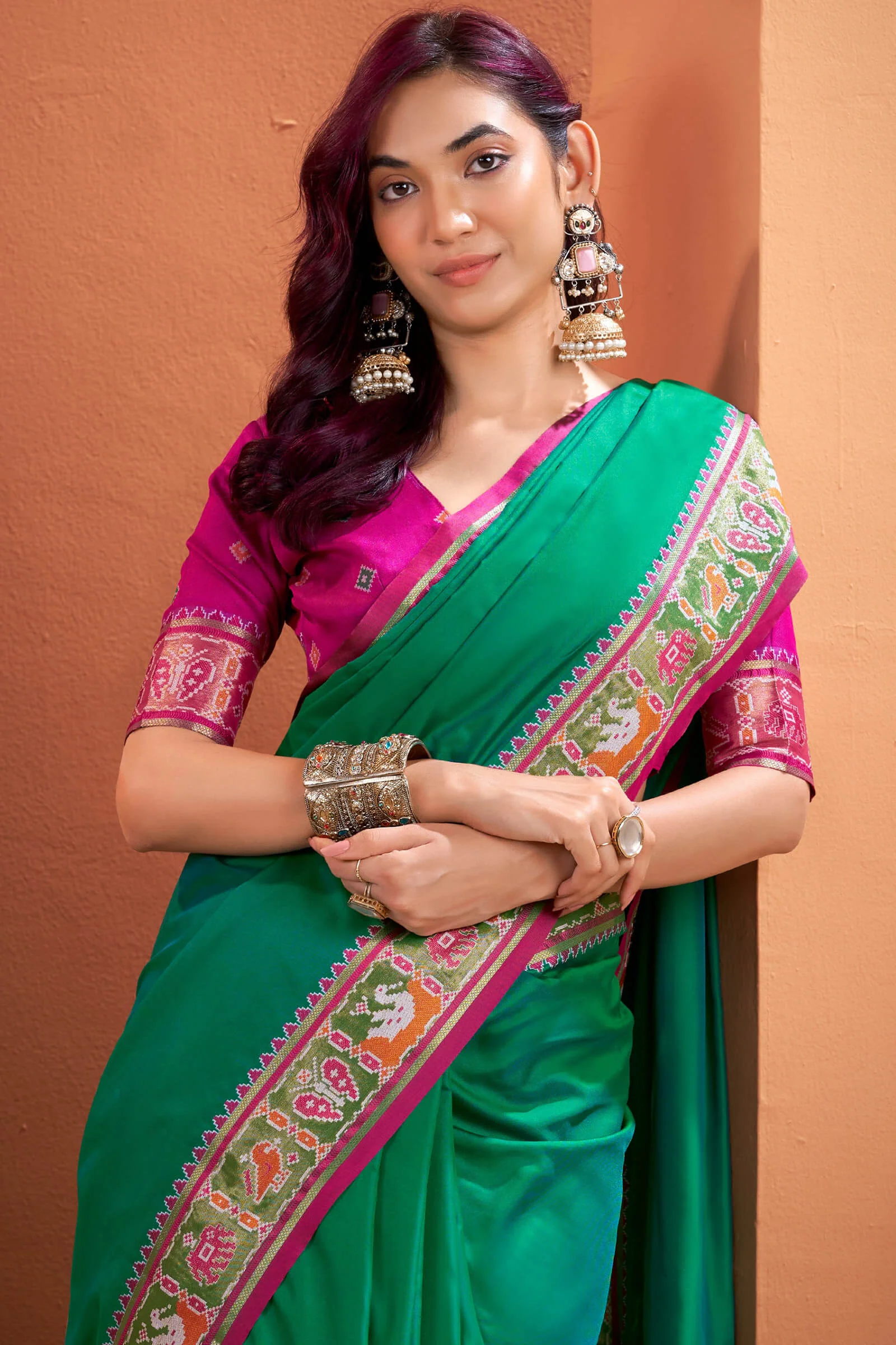 Flamboyant Green Patola Silk Saree with Resplendent Blouse Piece - Image 2