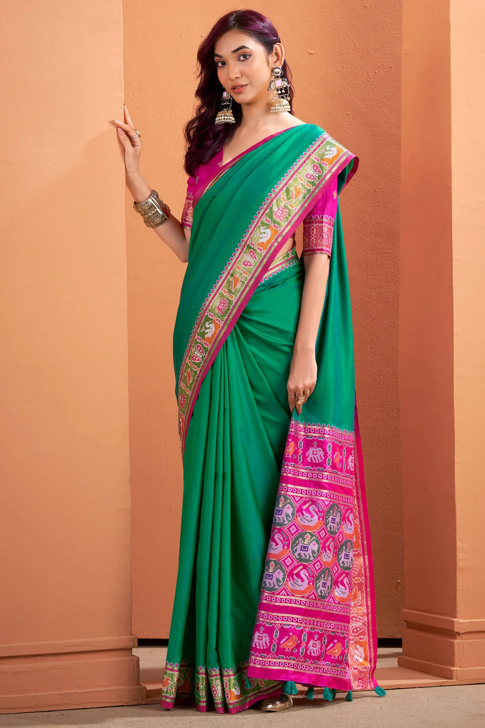 Flamboyant Green Patola Silk Saree with Resplendent Blouse Piece - Image 3