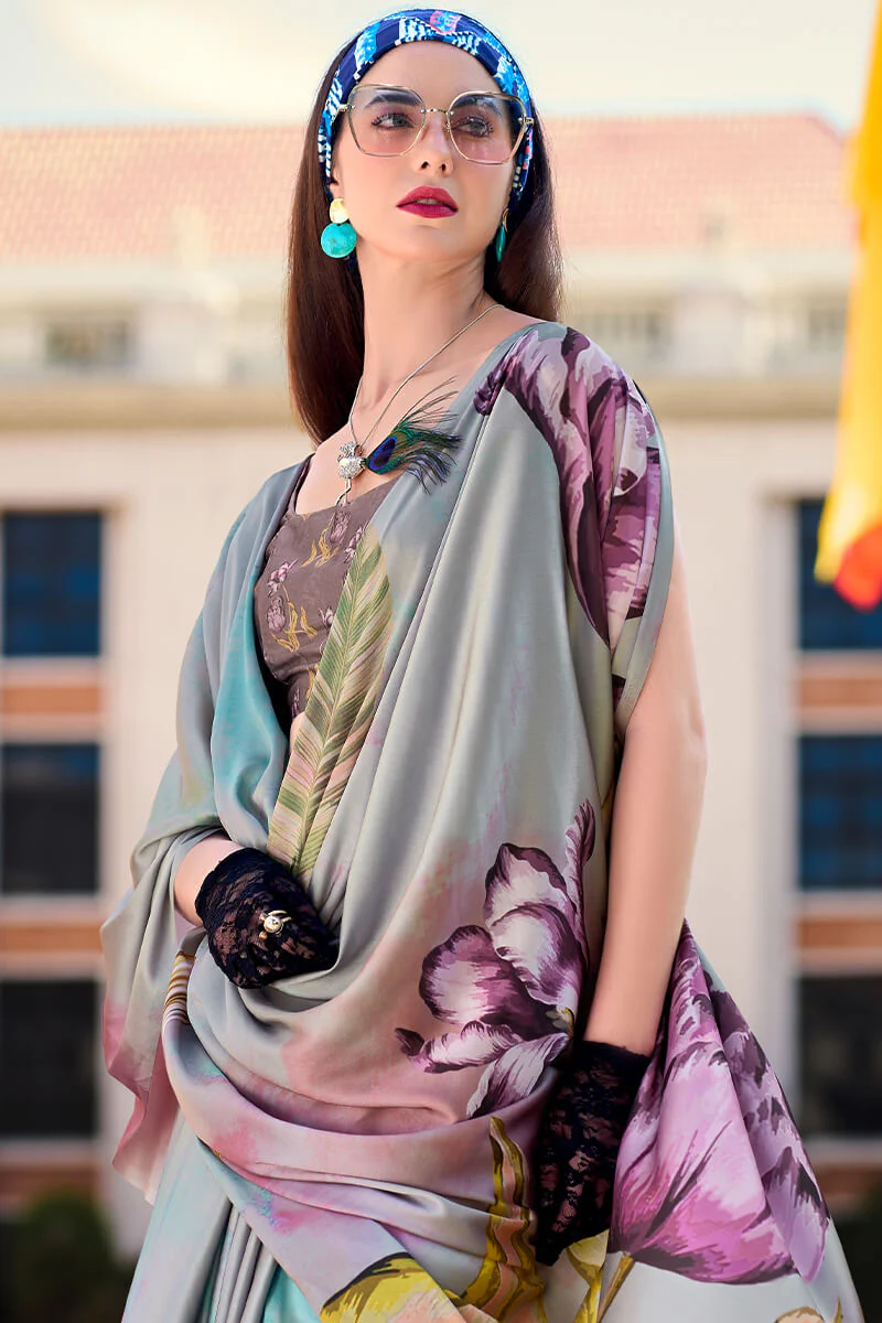 Flamboyant Grey Digital Printed Satin Silk Saree With Twirling Blouse Piece - Image 2