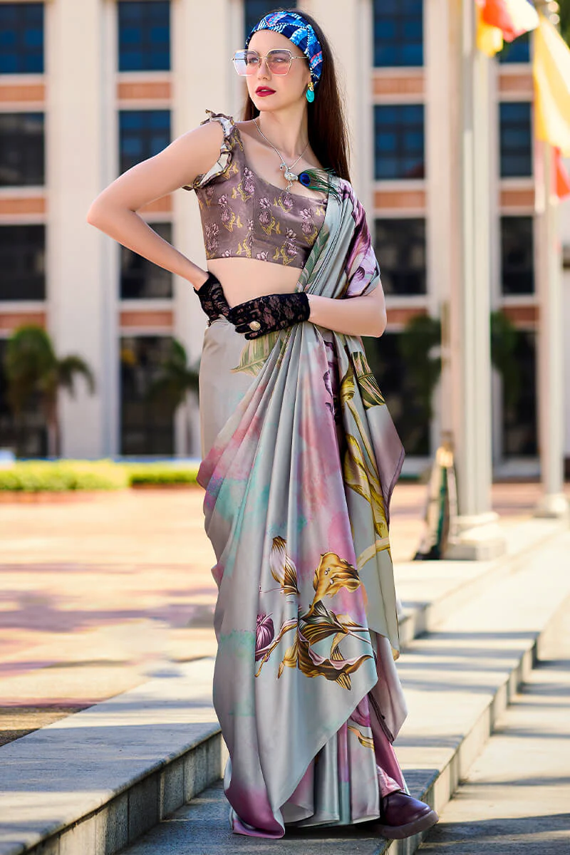 Flamboyant Grey Digital Printed Satin Silk Saree With Twirling Blouse Piece - Image 3