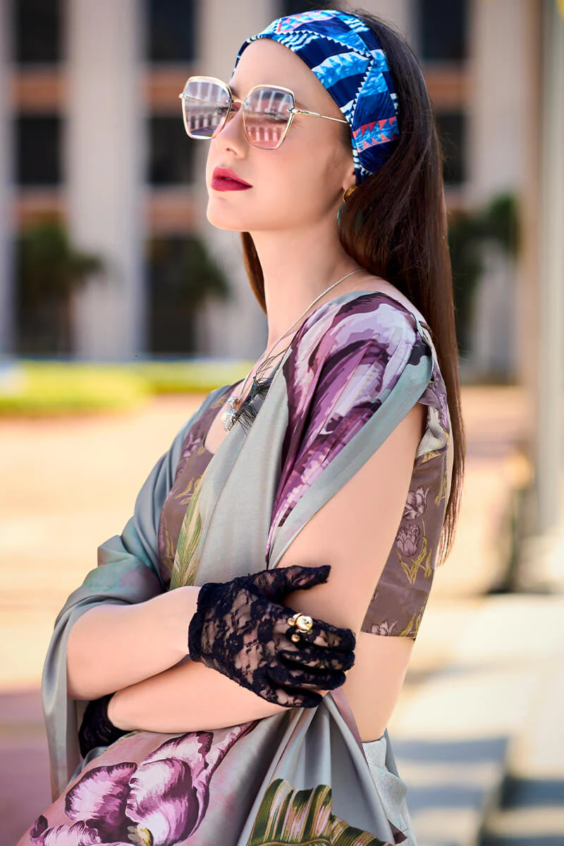 Flamboyant Grey Digital Printed Satin Silk Saree With Twirling Blouse Piece - Image 4