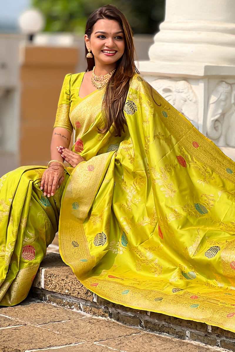 Flamboyant Parrot Soft Banarasi Silk Saree With Precious Blouse Piece - Image 2