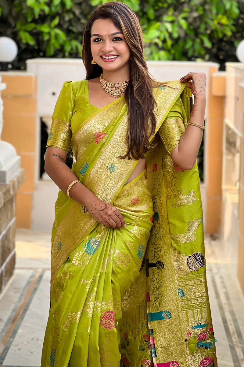 Flamboyant Parrot Soft Banarasi Silk Saree With Precious Blouse Piece - Image 3