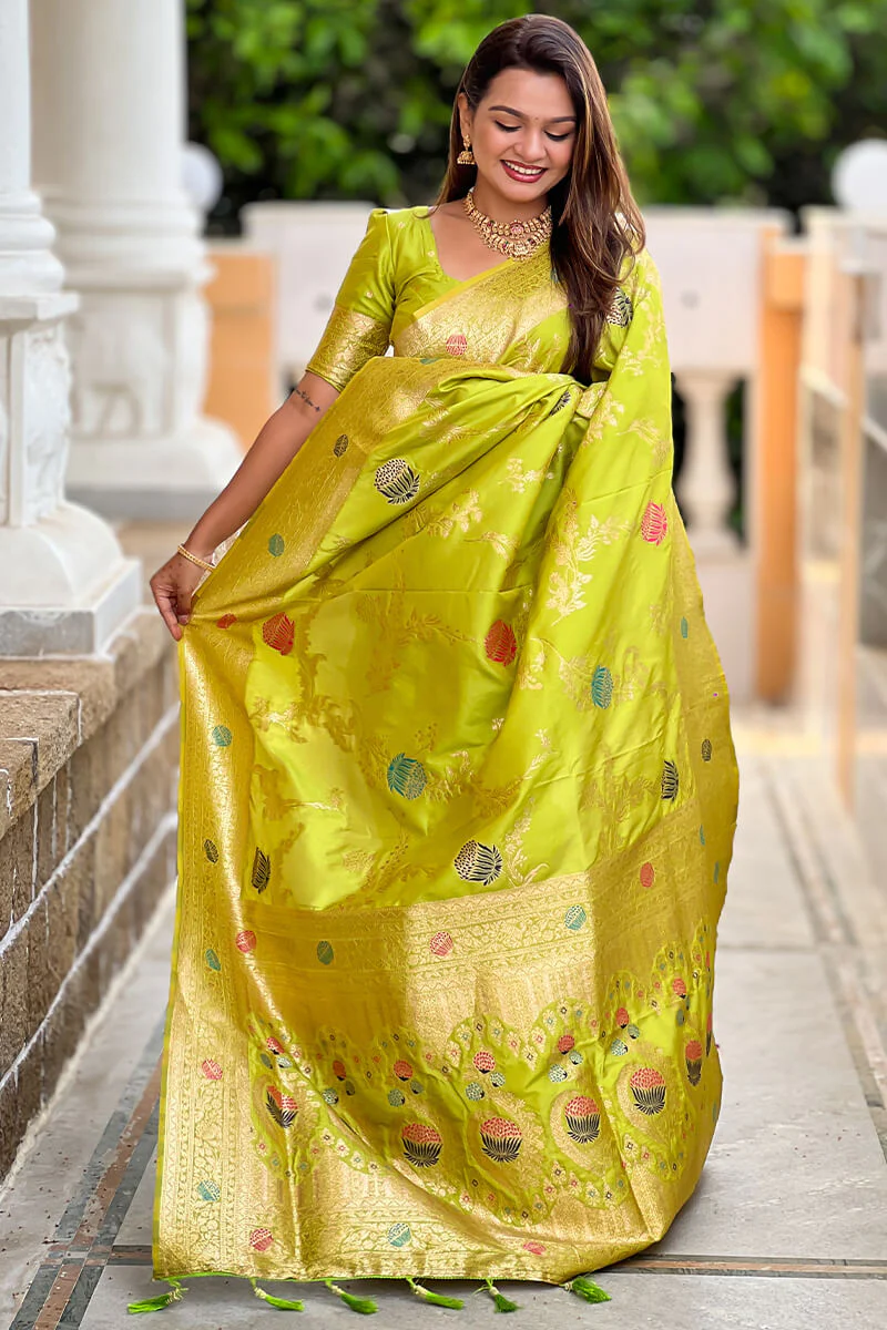 Flamboyant Parrot Soft Banarasi Silk Saree With Precious Blouse Piece - Image 4