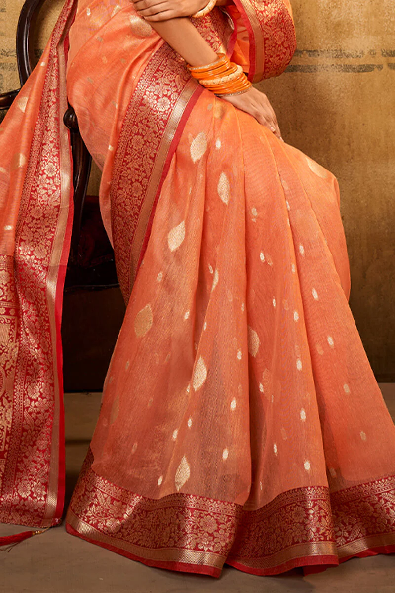 Flamboyant Peach Soft Banarasi Silk Saree With Exquisite Blouse Piece - Image 3