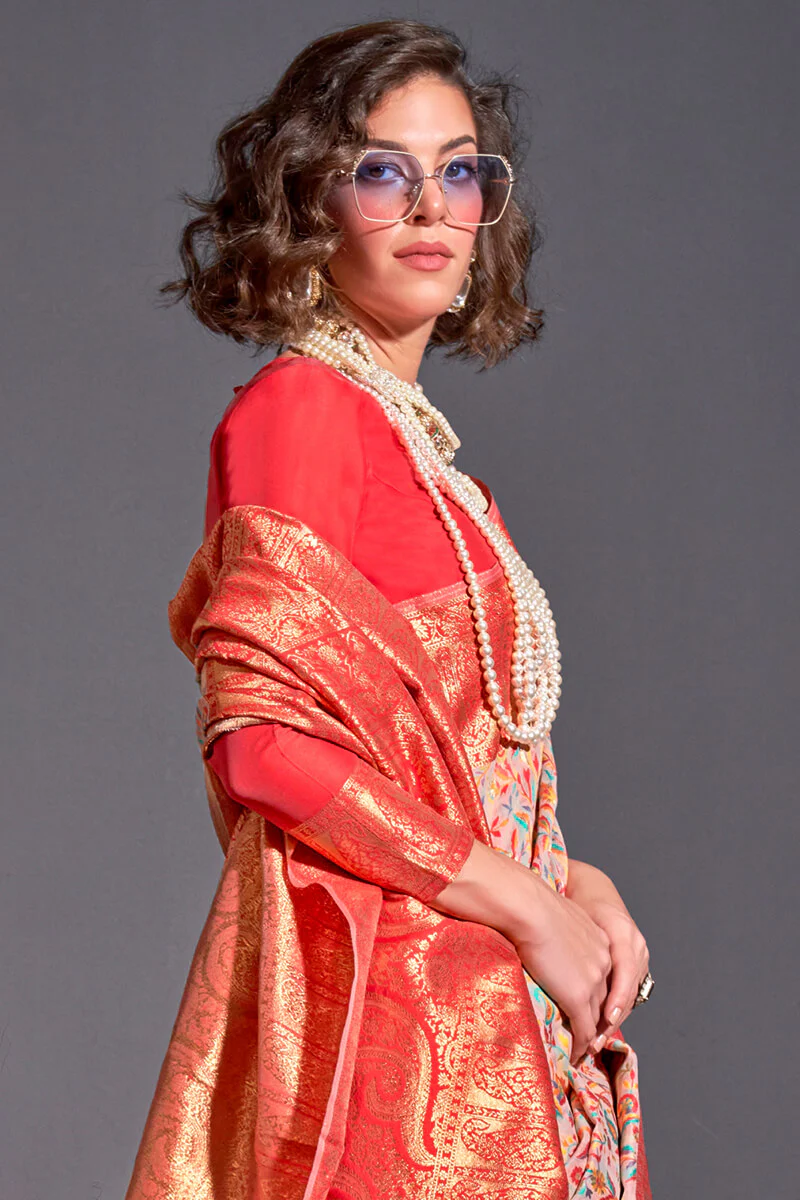 Flamboyant Pink Pashmina saree With Assemblage Blouse Piece - Image 2