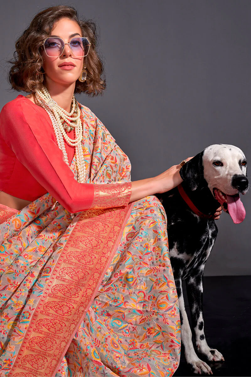 Flamboyant Pink Pashmina saree With Assemblage Blouse Piece - Image 3