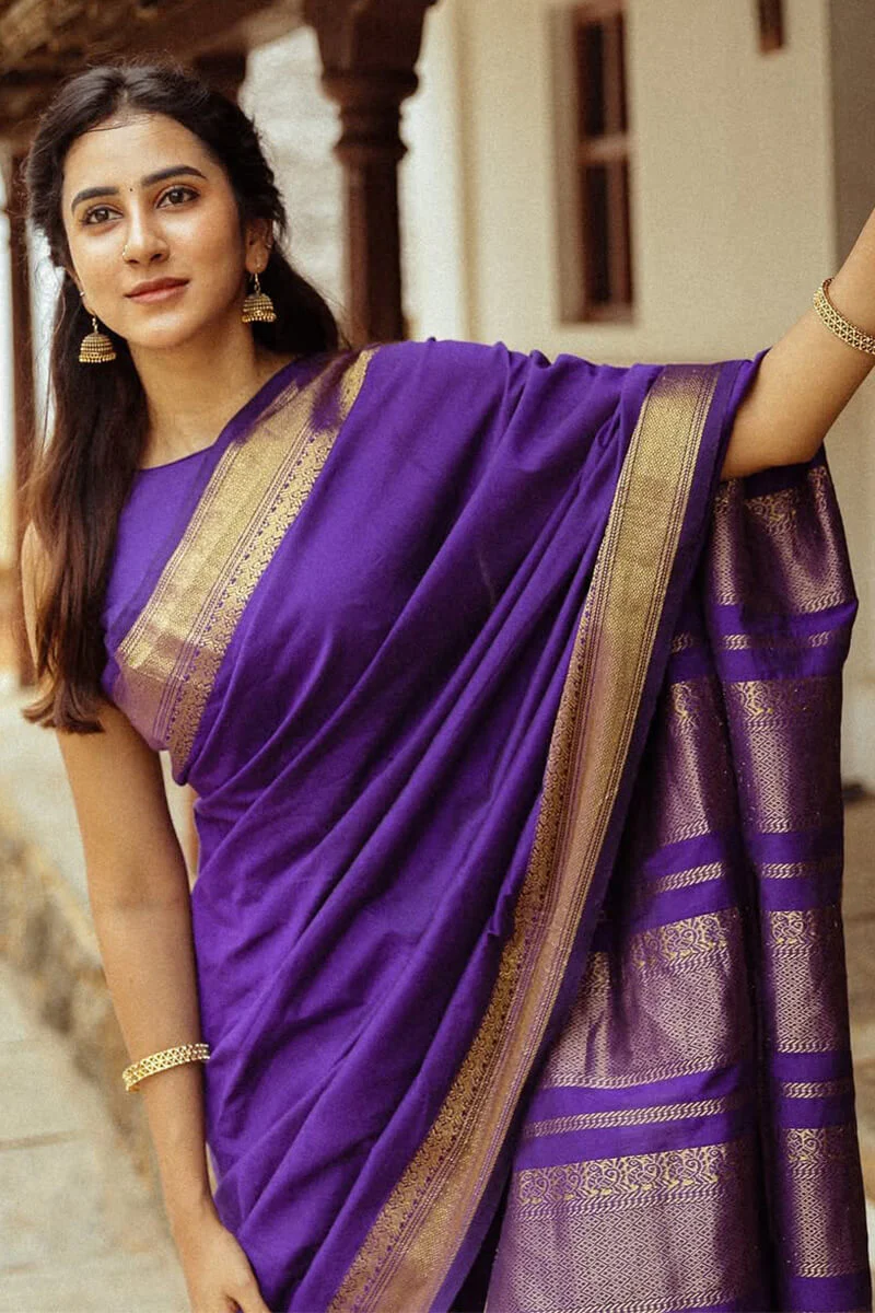 Flamboyant Purple Soft Silk Saree With Ethnic Blouse Piece - Image 4