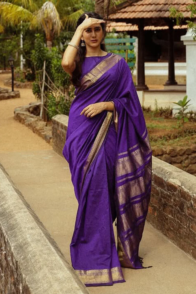 Flamboyant Purple Soft Silk Saree With Ethnic Blouse Piece - Image 5