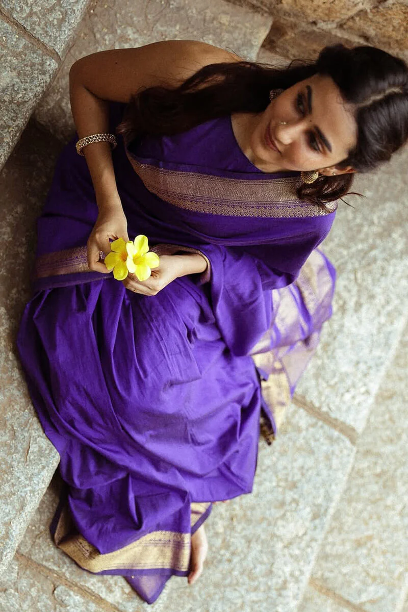 Flamboyant Purple Soft Silk Saree With Ethnic Blouse Piece - Image 6
