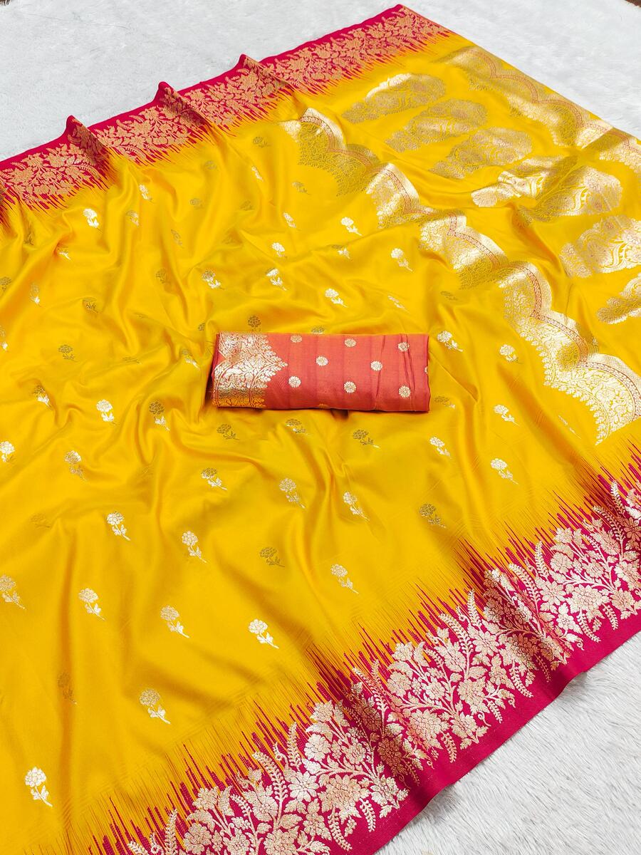 Flamboyant Yellow Pure Zari Weaving Banarasi Silk Saree With Seraphic Blouse Piece - Image 2