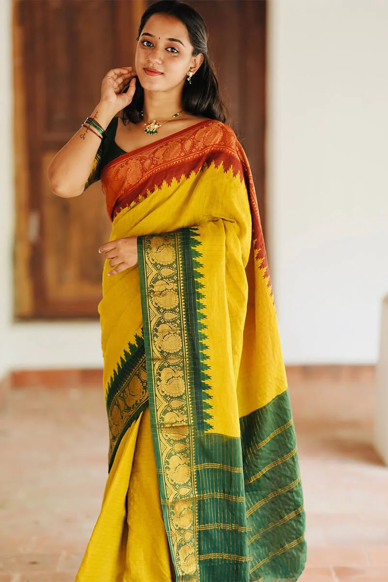 Flamboyant Yellow Soft Silk Saree With Ailurophile Blouse Piece - Image 4