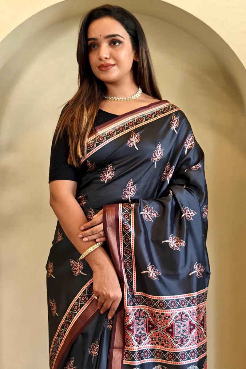 Flameboyant Black Viscose Dola Silk Printed Saree With Jubilant Blouse Piece - Image 2