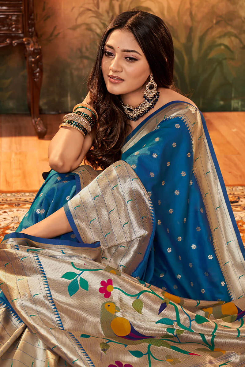 Flameboyant Blue Paithani Silk Saree With Bewitching Blouse Piece - Image 2