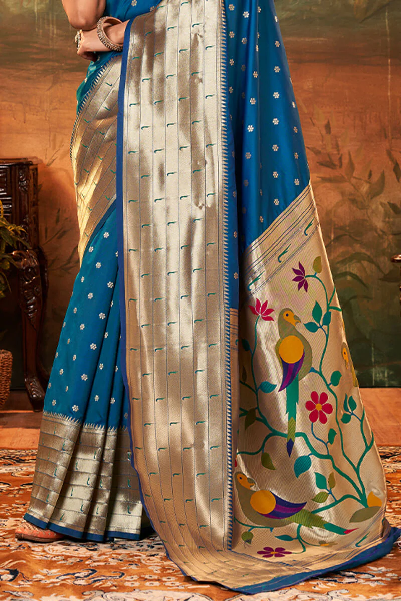 Flameboyant Blue Paithani Silk Saree With Bewitching Blouse Piece - Image 3