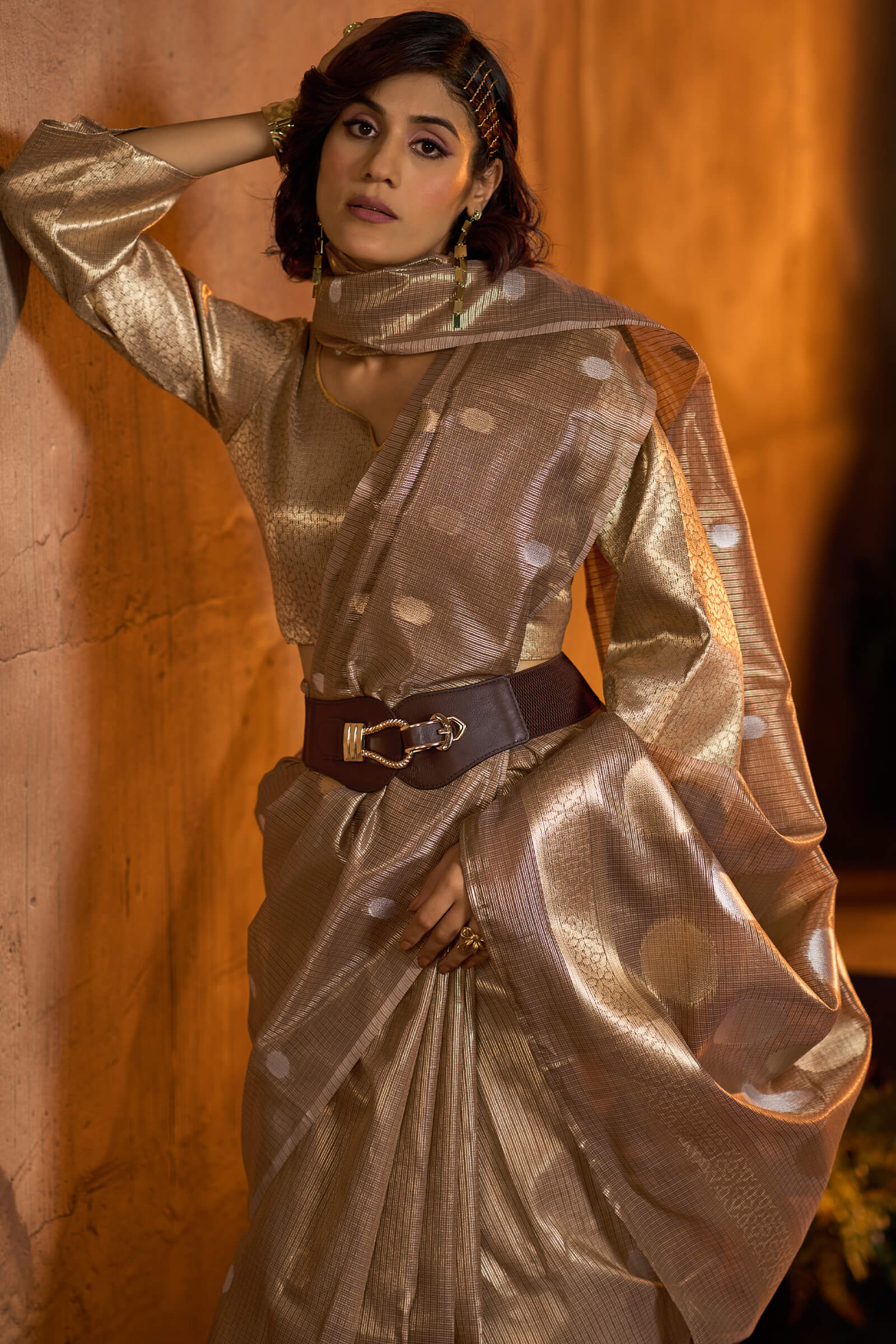 Flameboyant Brown Soft Banarasi Tissue Silk Saree With Propinquity Blouse Piece - Image 2