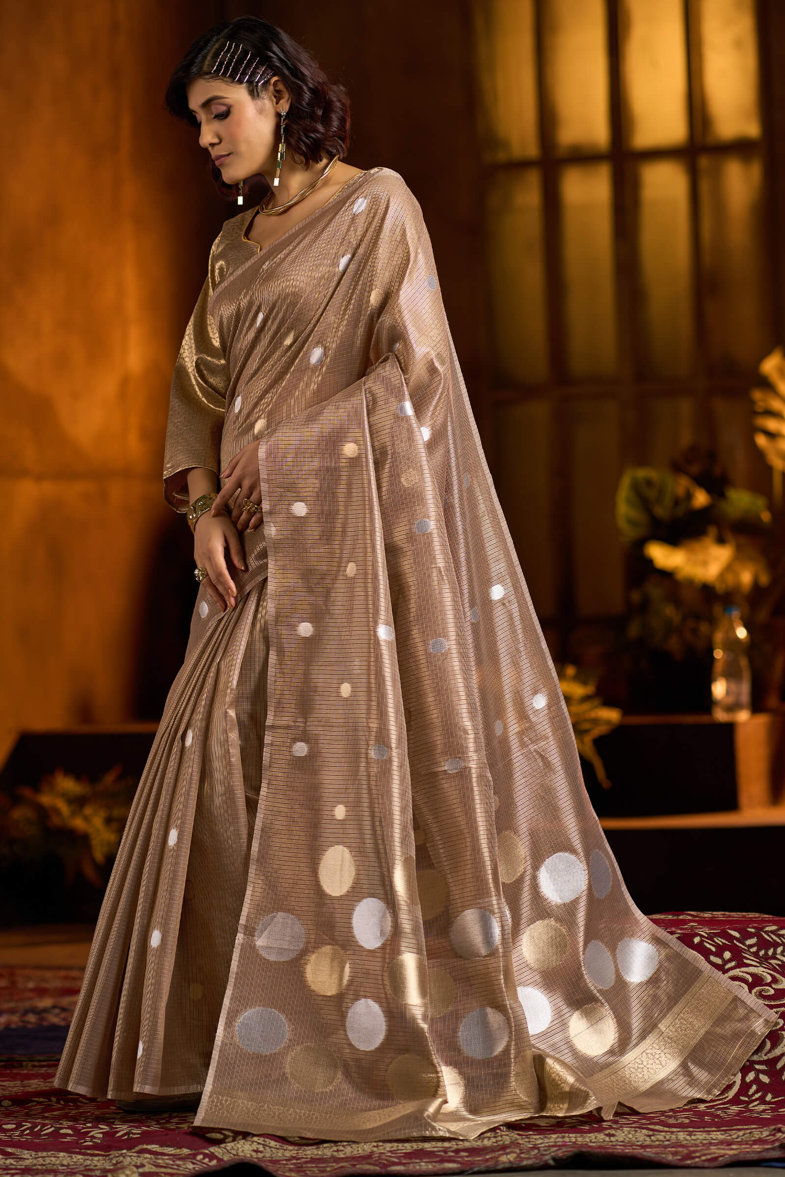 Flameboyant Brown Soft Banarasi Tissue Silk Saree With Propinquity Blouse Piece - Image 3