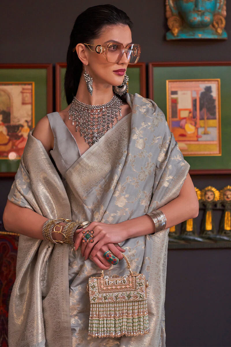 Flameboyant Grey Soft Banarasi Silk Saree With Exquisite Blouse Piece - Image 2