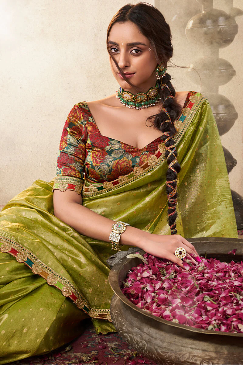 Flameboyant Mehndi Pure Tissue Banarasi Silk Saree With Majestic Blouse Piece - Image 3