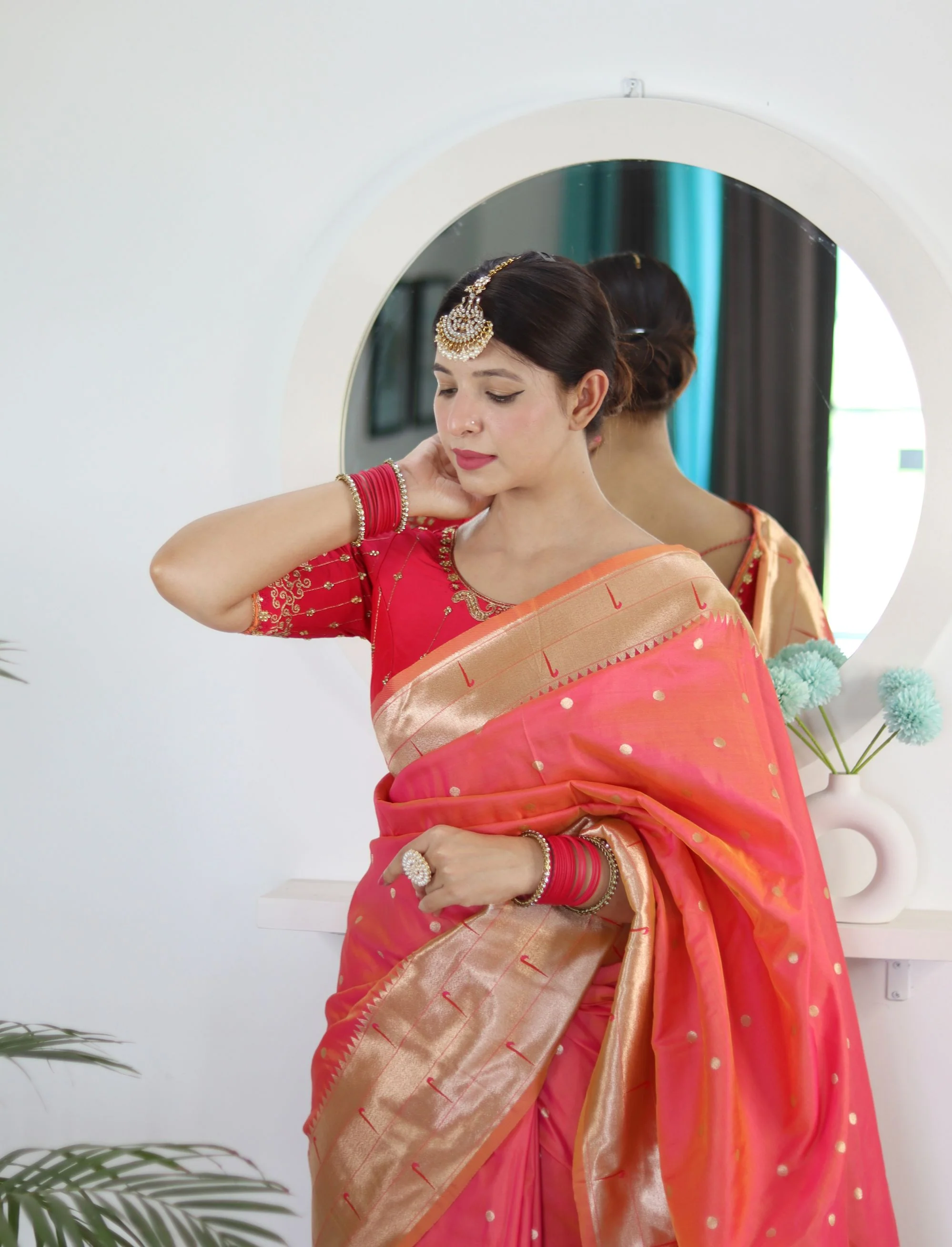 Flameboyant Peach Paithani Silk Saree With Fairytale Blouse Piece - Image 4