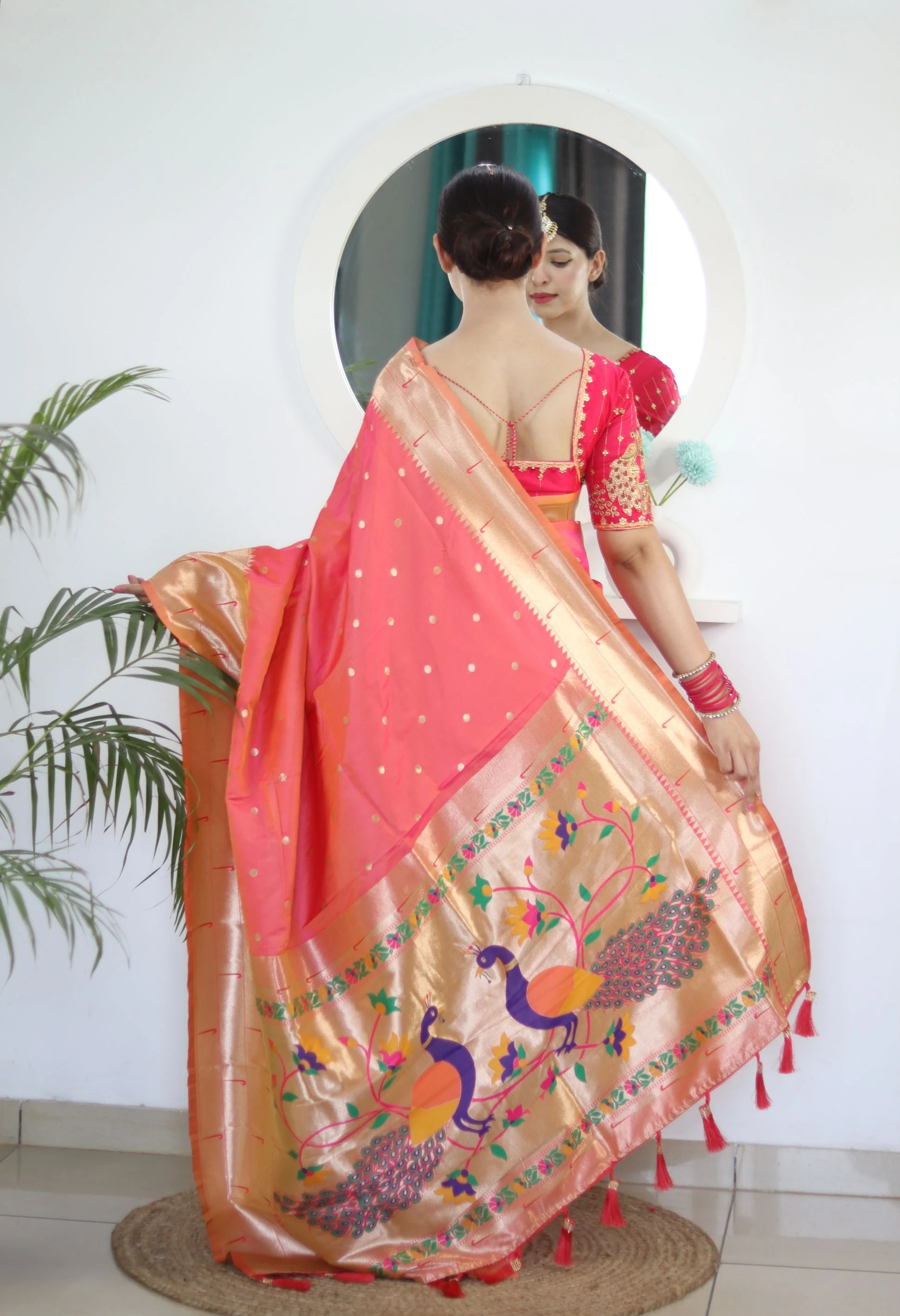 Flameboyant Peach Paithani Silk Saree With Fairytale Blouse Piece - Image 6