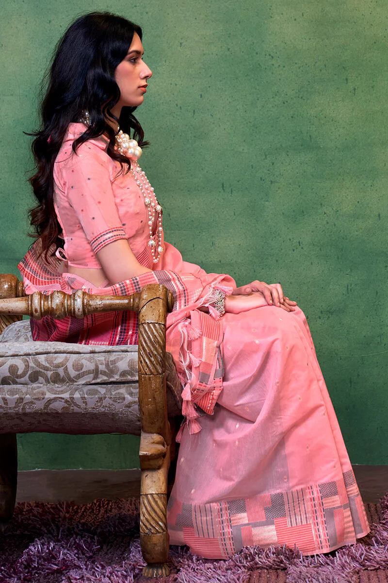 Flameboyant Pink Cotton Silk Saree With Fancifull Blouse Piece - Image 2