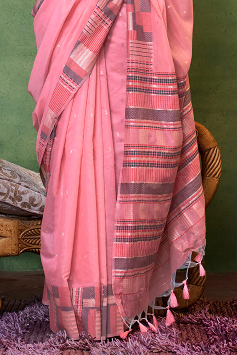 Flameboyant Pink Cotton Silk Saree With Fancifull Blouse Piece - Image 3