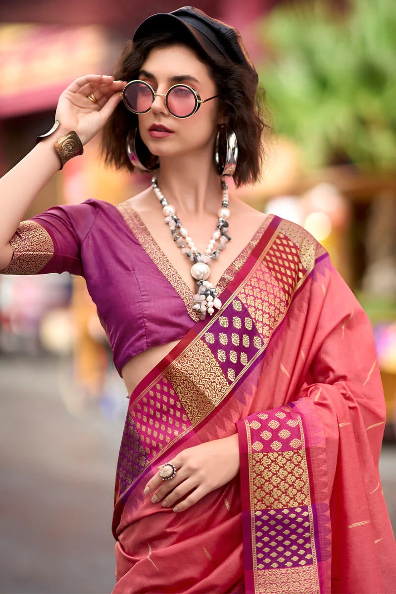Flameboyant Pink Soft Banarasi Silk Saree With Inspiring Blouse Piece - Image 2