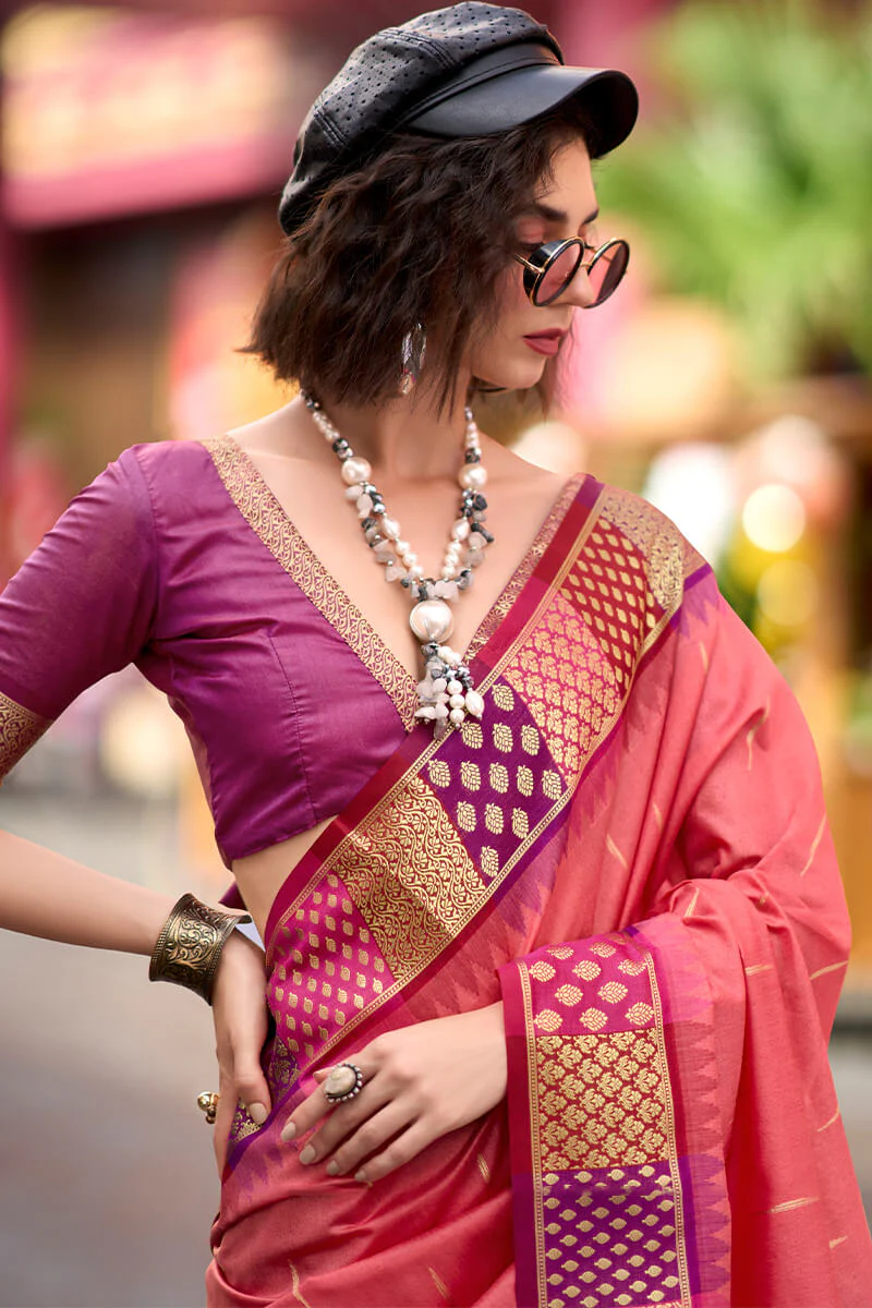 Flameboyant Pink Soft Banarasi Silk Saree With Inspiring Blouse Piece - Image 3