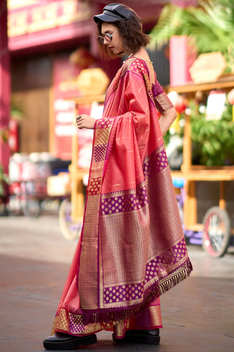 Flameboyant Pink Soft Banarasi Silk Saree With Inspiring Blouse Piece - Image 4