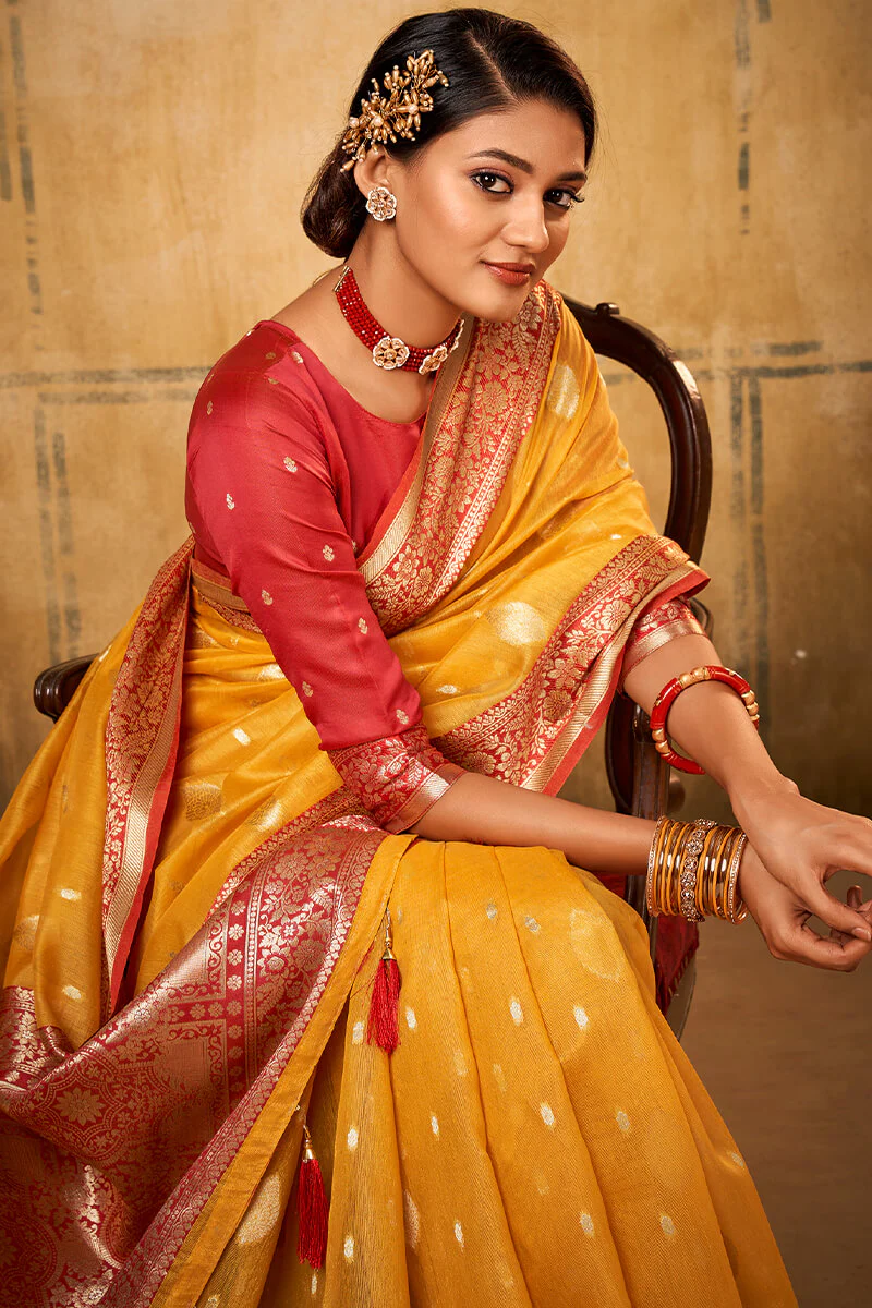 Flameboyant Yellow Soft Banarasi Silk Saree With Adoring Blouse Piece - Image 2