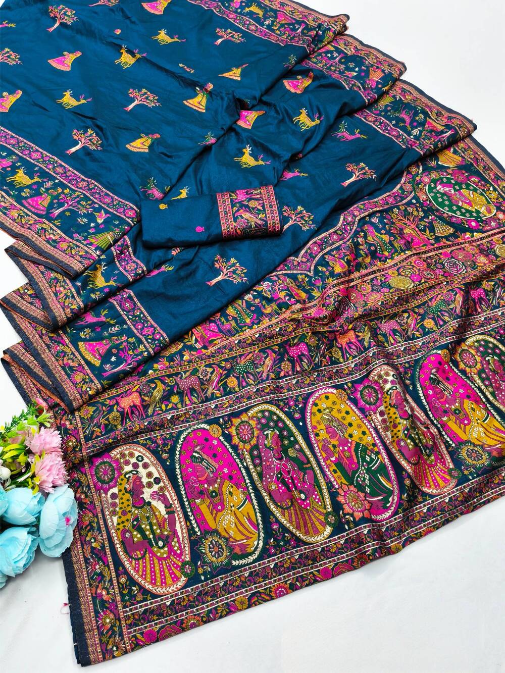 Flattering Blue Nylon Dola Pashmina Saree With Effulgent Blouse Piece - Image 5