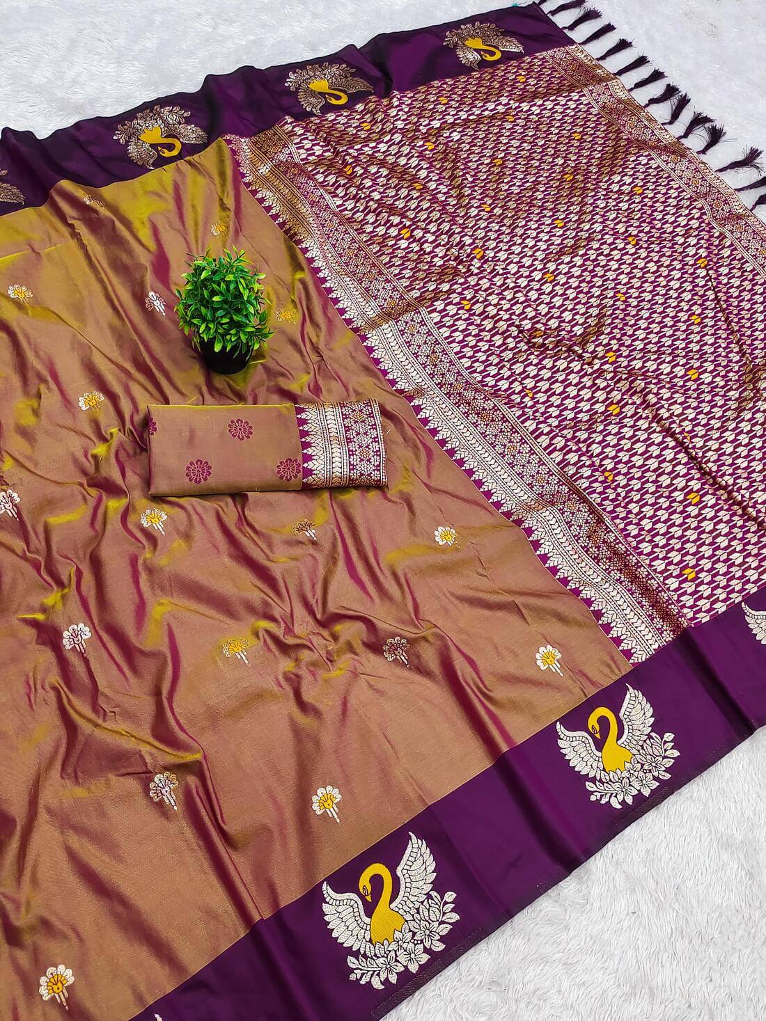 Flattering Brown Pure Zari Weaving Banarasi Silk Saree With Rhapsodic Blouse Piece