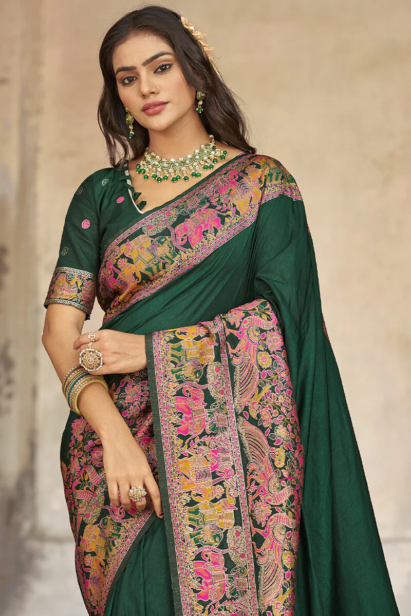 Flattering Dark Green Pashmina Saree With Mellifluous Blouse Piece - Image 3