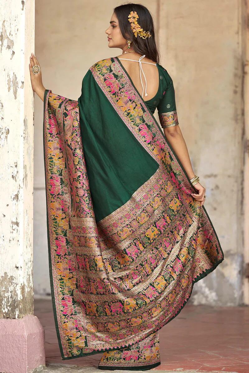 Flattering Dark Green Pashmina Saree With Mellifluous Blouse Piece - Image 4
