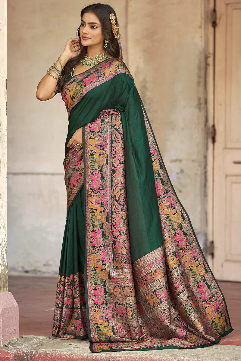 Flattering Dark Green Pashmina Saree With Mellifluous Blouse Piece - Image 5