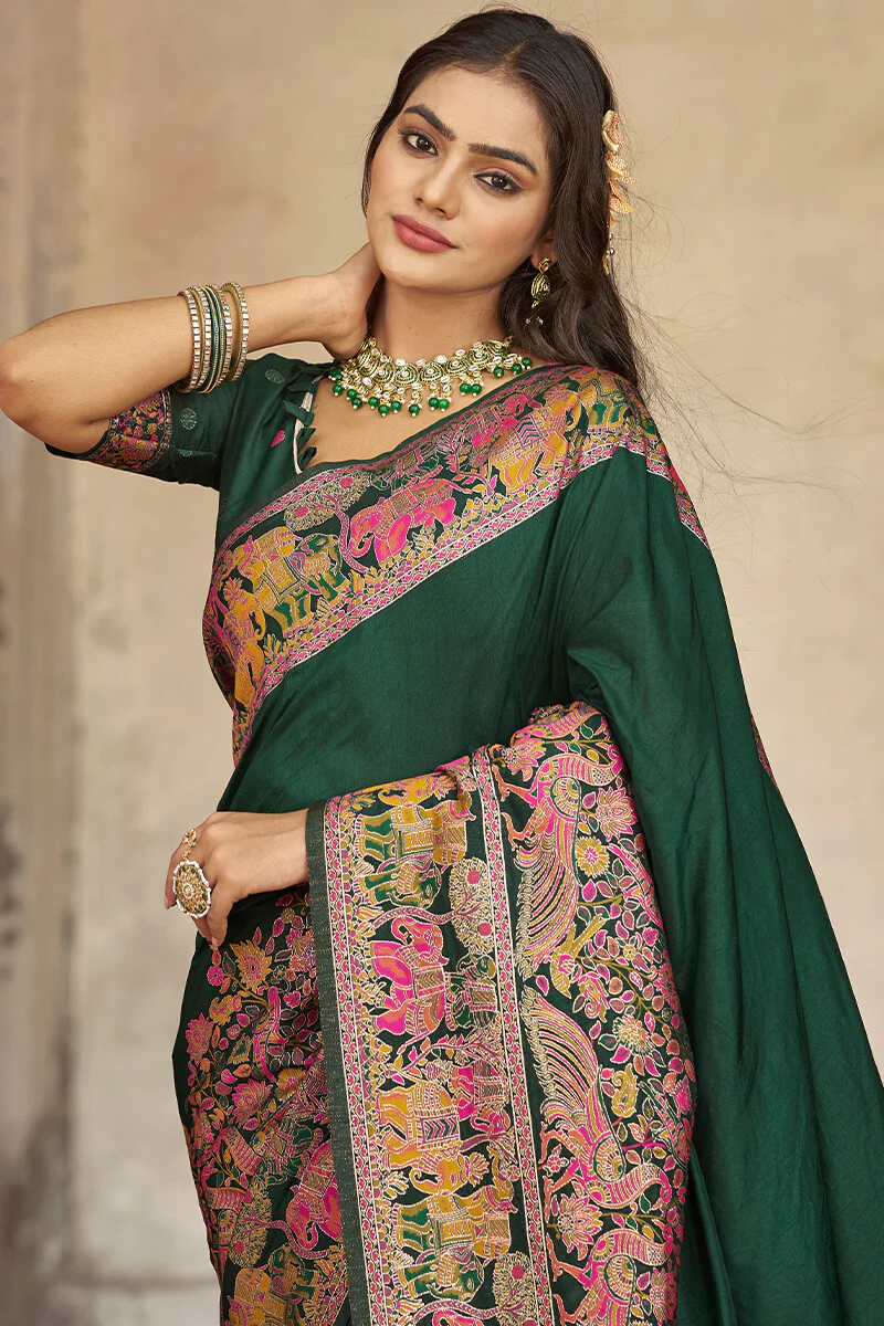 Flattering Dark Green Pashmina Saree With Mellifluous Blouse Piece - Image 6
