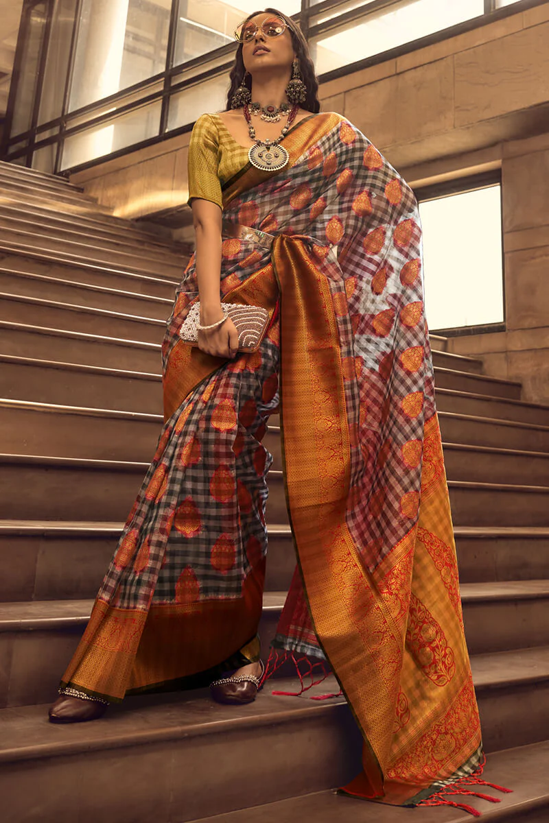 Flattering Grey and Red Soft Banarasi Silk Saree With Mesmerising Blouse - Image 3