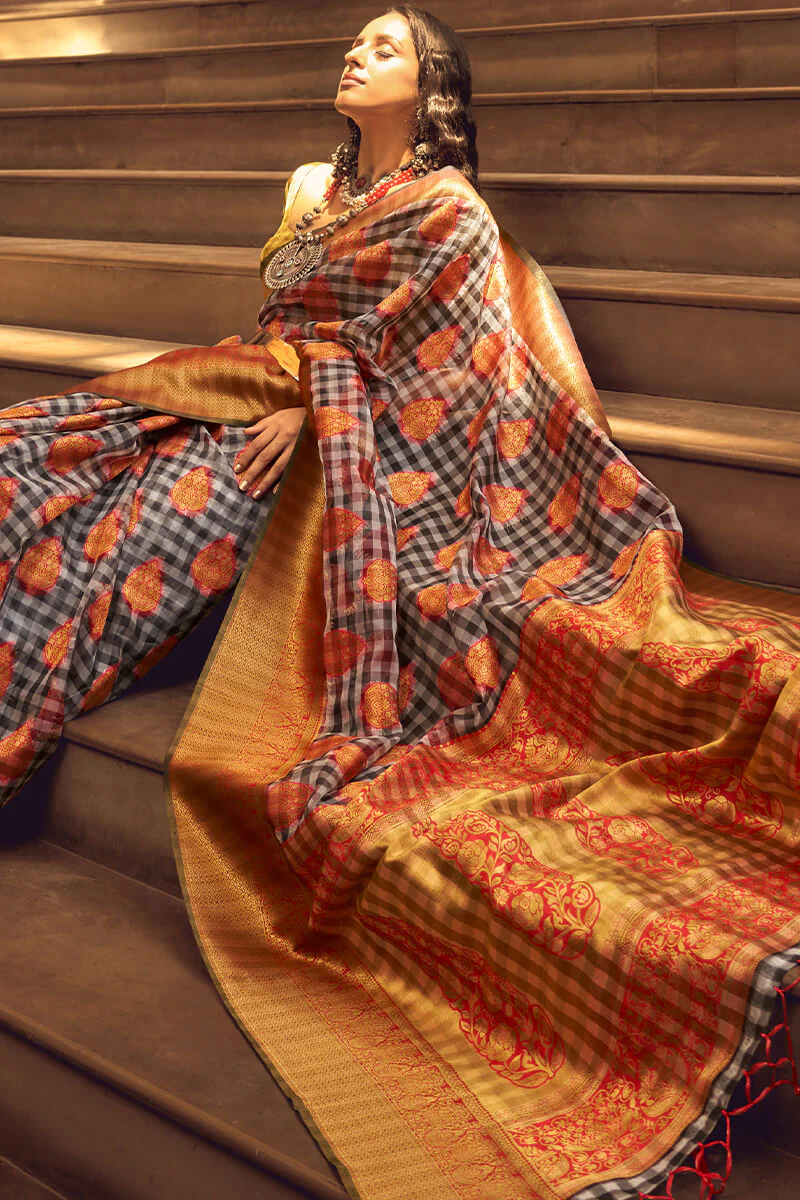Flattering Grey and Red Soft Banarasi Silk Saree With Mesmerising Blouse - Image 4