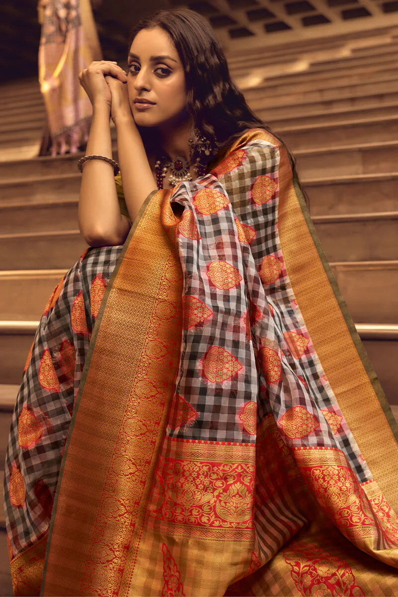 Flattering Grey and Red Soft Banarasi Silk Saree With Mesmerising Blouse - Image 5