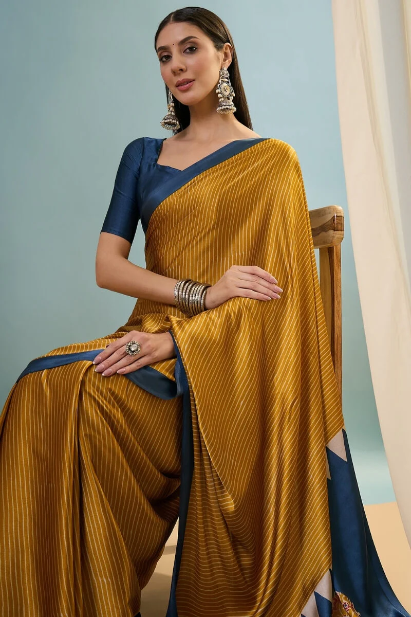 Flattering Mustard Ajrakh Printed Semi Modal Silk Saree With Beautiful Blouse Piece - Image 2