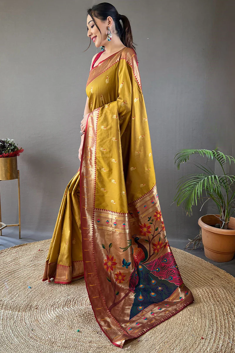 Flattering Mustard Paithani Silk Saree With Adorning Blouse Piece - Image 3