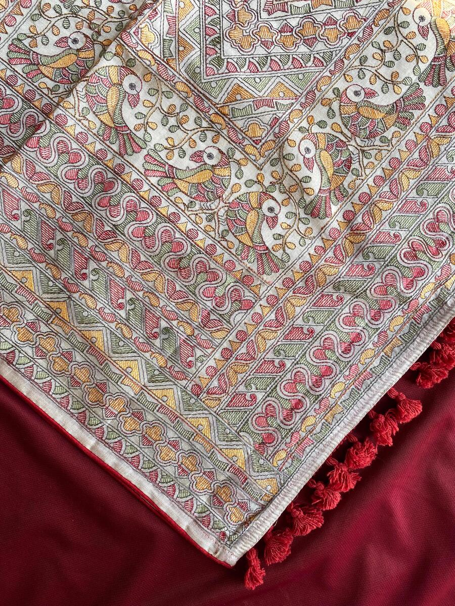 Flattering Off White Embroidery Work Tussar Silk Saree With Amiable Blouse Piece - Image 3