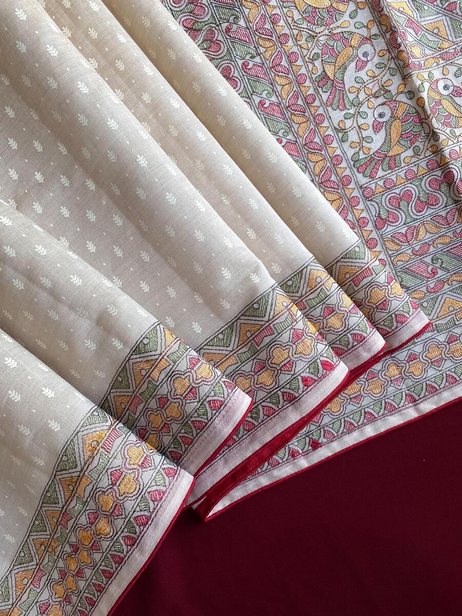 Flattering Off White Embroidery Work Tussar Silk Saree With Amiable Blouse Piece - Image 5