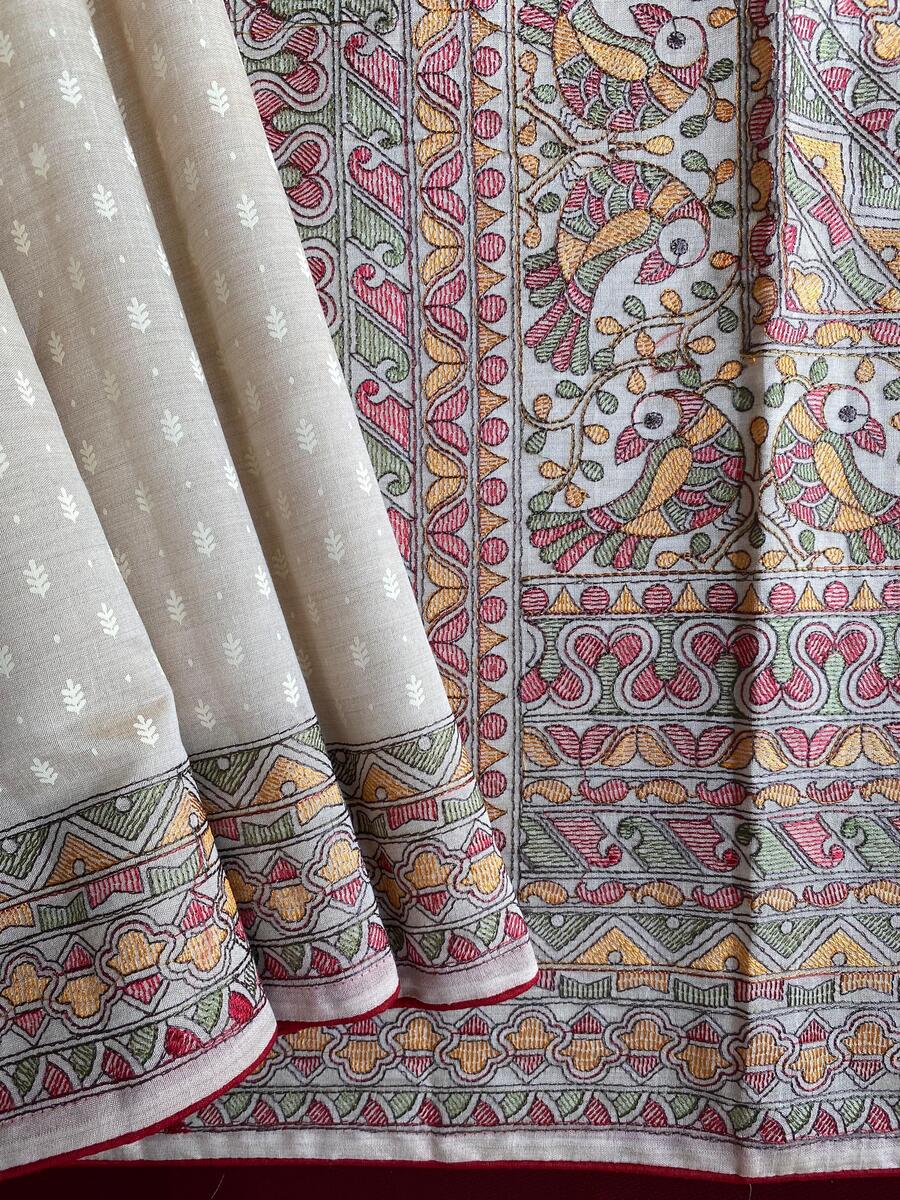 Flattering Off White Embroidery Work Tussar Silk Saree With Amiable Blouse Piece - Image 6