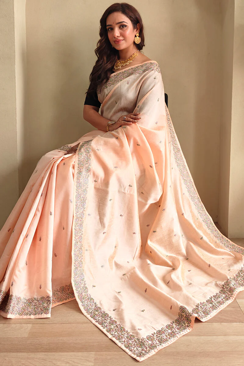 Flattering Peach Embroidery Work Tussar Silk Saree With Fancifull Blouse Piece - Image 4