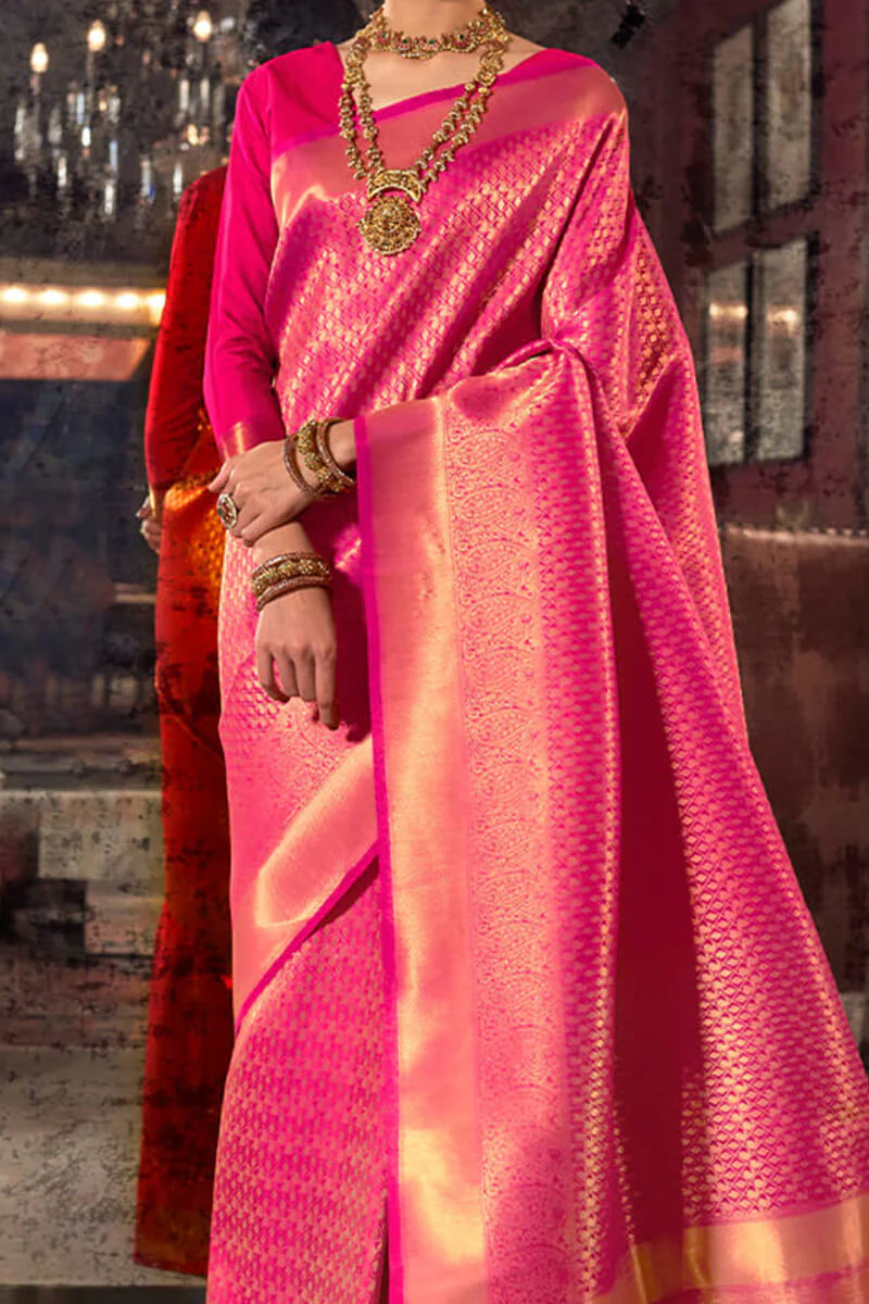 Flattering Pink Kanjivaram Silk Saree With Staring Blouse Piece - Image 2