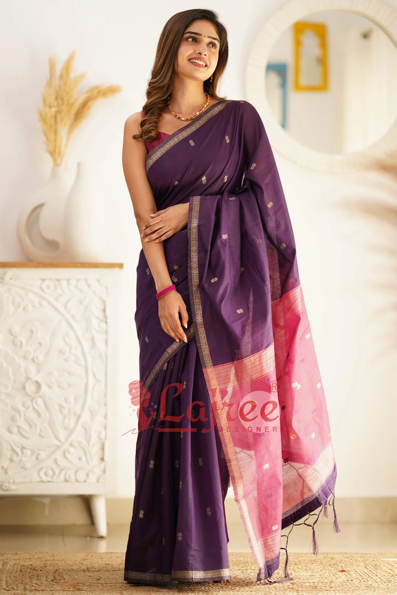 Flattering Purple Cotton Silk Saree With Extraordinary Blouse Piece - Image 4